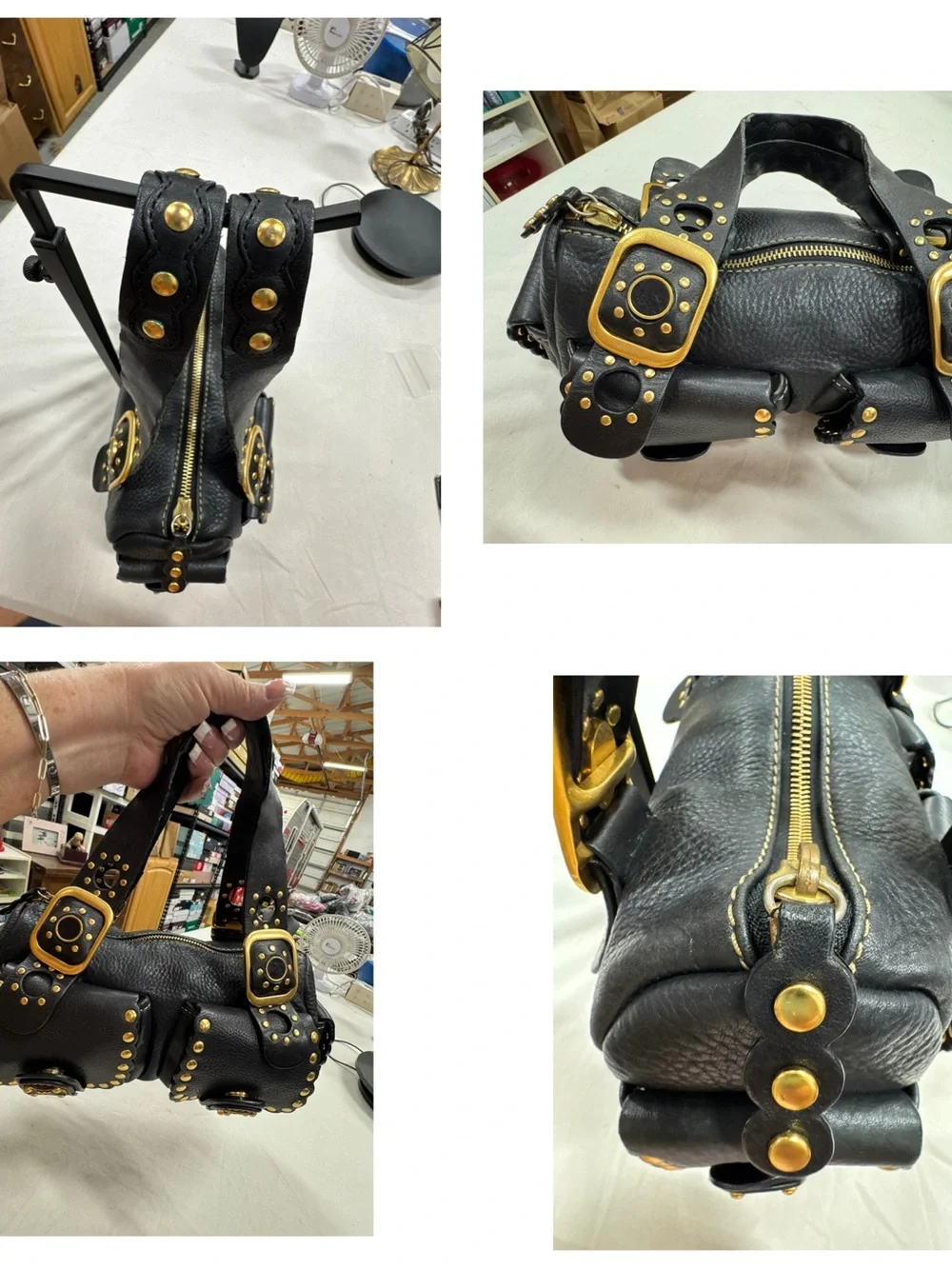 Michael Kors Black Leather Shoulder Bag with Gold Stud Accents
